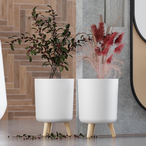 Image of StyleX Store Modern White Flower Pot with Plastic Legs | Indoor Outdoor Planter for Home Garden Balcony Decor Ribbed Design Sturdy Plastic Mid-Century Style (White Pack of 2)