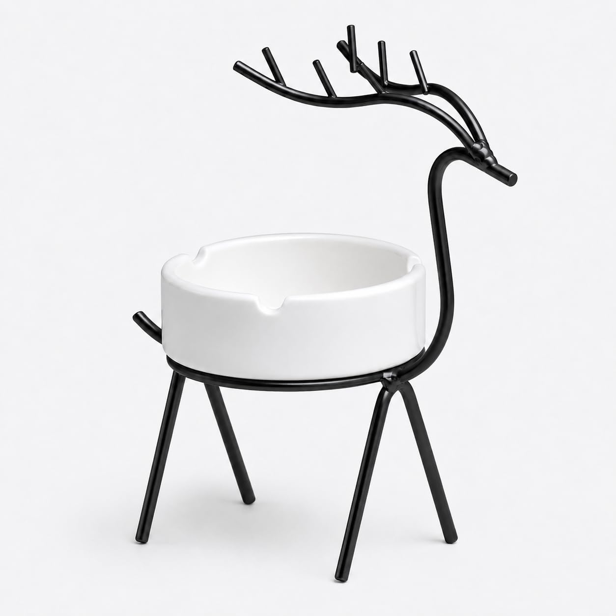 Luxury Black Deer Ashtray with White Ceramic Bowl & Rust-Free Metal Stand | Removable Ceramic Bowl, Rust-Free Metal Stand, Heat-Resistant, Built-In Cigarette Rests, Decorative Deer Design-image-1