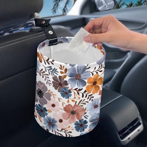 Image of Colorful Flower Mini Car Trash Bin with Adjustable Buttons Car Garbage Can Multipurpose Car Storage Bag Collapsible Reusable
