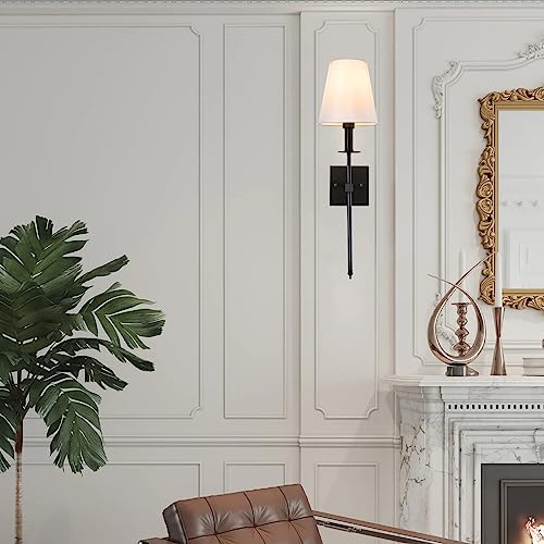 Wall Sconces Set of Two Black,2 Hardwired Wall Lights with White Fabric Shades,Hardwired Wall Lamp,Wall Lights for Bedroom,2 Sconces Wall Lighting for Living Room,Bedroom,Bathroom,Hallway(No Bulb)