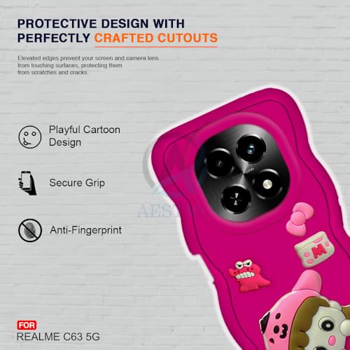 Image of AESTMO Back Case Cover for Realme C63 5G | 3D Cute Fun Cartoon Characters | Anti Slip Grip Cute Wave Curly Frame Shape | Full Body Protection Back Cover for Realme C63 5G (Pink)