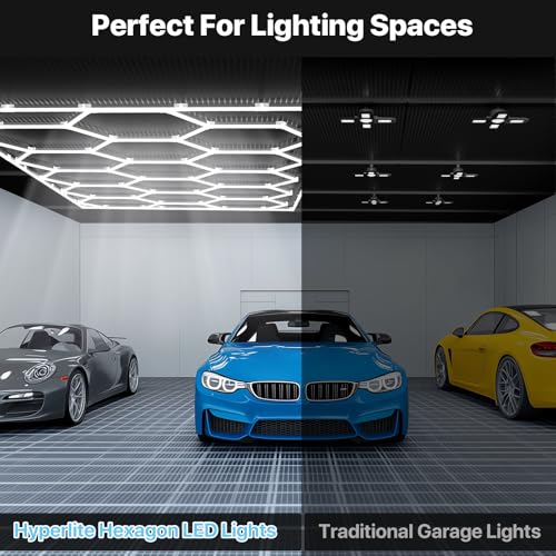 hyperlite gen 2 hexagon garage lights 624w 62400lm 15 grids hexagon led lights 6500k ultra bright honeycomb hex lights easy install durable design for garage car detailing workshops gym