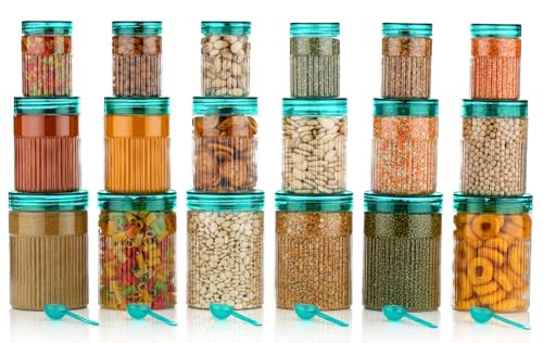 Image of pet Food Storage Containers Set with Airtight Lids, Kitchen Organisation Jars for Pasta, Spices, Dry Goods, Stackable (18 Pcs SKY)