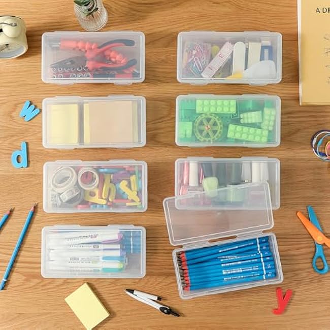 Clear Plastic Pencil Case Pouch Box 8 Pack, Stackable Storage Organizer with Snap Lid for Pens, Markers, Beads, Jewelry, Stickers, Art Supplies, School Office Hobby Use, Rectangular Large