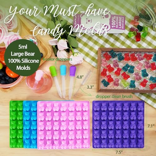 Image of LUSHYUM Large Gummy Bear Molds 5 ML, BPA-FREE Silicone Chocolate Candy Gummy Molds with 4 Droppers and Cleaning Brush 140 Cavity, Set of 4