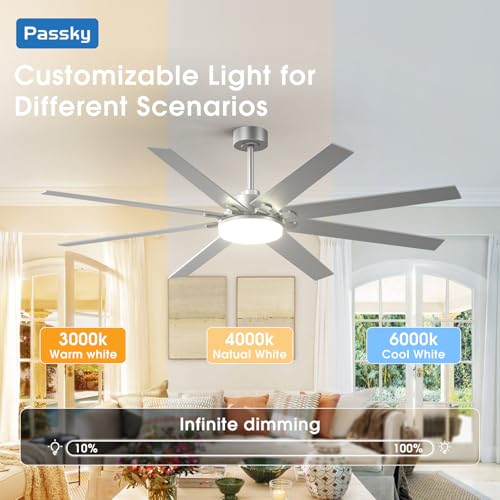 Image of 72 inch Ceiling Fans with Lights, Large Modern Ceiling Fan with Light and Remote Control, Reversible, Dimmable, 3CCT, Quiet, Nickel Ceiling fan For Bedroom Living Room Patio Farmhouse, Indoor /Outdoor