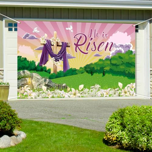 Image of Large He is Risen Easter Banner Decorations Flag Outdoor 72x44 Inch, Cross Sign Christian Jesus Lily Flowers Banner for Indoor Home House Decor Party Supplies, Spring Yard Sign Background for Photography