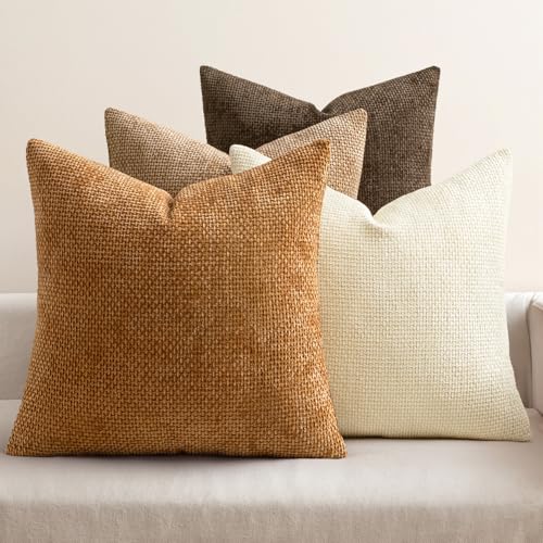 Image of MIULEE Pack of 4 Brown Couch Throw Pillow Covers 16x16 Inch Soft Decorative Chenille Pillows Farmhouse Accent Cushions for Boho Home Decor Spring Sofa Bedroom Living Room