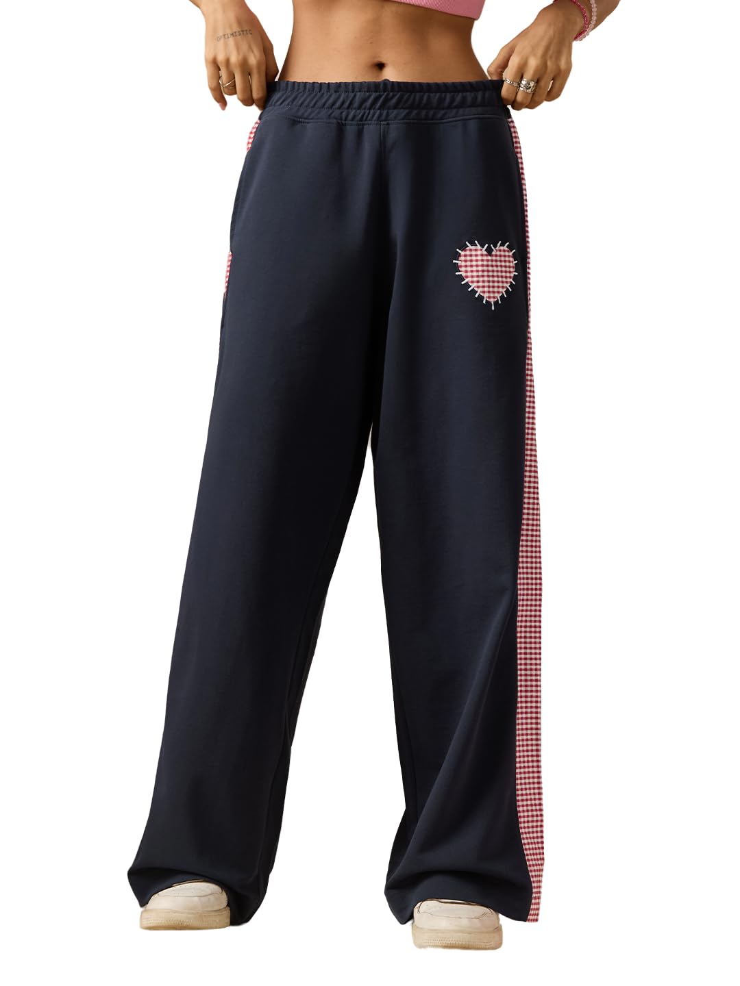 the souled store Flared Joggers: Heart Picnic Women and Girls Elastic Waistband Navy Blue Gingham Side Stripes Fleece Cotton Flared Fit Applique Patch Lightweight Everyday Joggers-picture-28
