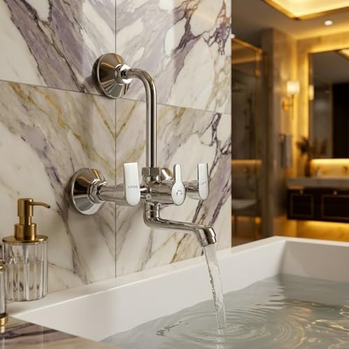 Image of KAMAL Wall Mixer - Arch Eco | Mirror Finish | Sturdy Brass Build | Hot and Cold Shower Mixer | 165mm Long Bend Pipe | Easy to Use Click Fitting Mixer Faucet | Wall Mounted