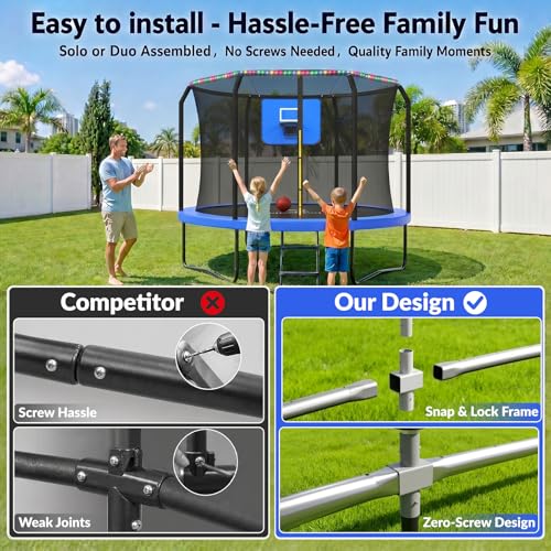 Image of ACWARM HOME Trampoline Outdoor 8FT 10FT 12FT 14FT 15FT 16FT Trampoline with Basketball Hoop and LED Lights, Recreational Trampolines for Kids and Adults with Enclosure Net & Ladder, ASTM Approved