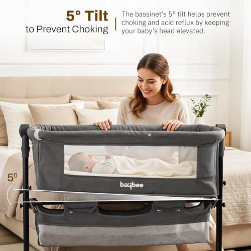 Image of BAYBEE Astro Bedside Crib Cradle for Baby | Bassinet for New Born with 2 Height Adjustable Modes & 360 Wheels | Babies Cot with Mosquito Net & Storage | Baby Cribs & Cots for 0 to 2 Years (Grey)