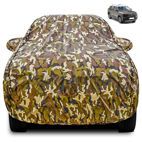 Image of FABTEC Car Body Cover for Maruti Brezza Jungle Print with Soft Cotton Lining Waterproof Car Cover UV & Rain Protection with Mirror Pocket Bottom Elastic (Military /Camouflage Pattern)