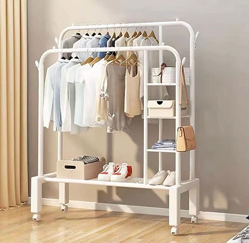 Image of HomeCloud Cloth Drying Stand | Multipurpose Dual Rod + Wheels Garments Rack with Bottom Shelf for Coat Hanger Home, Storage Organizer 1pc (White Shelves)