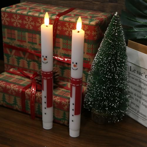 Image of Christmas Flameless Taper Candles with Remote Timer, 2 Pcs Snowman with Scarf LED Candlesticks with 3D Flickering Flame for Home Decor Christmas Gifts