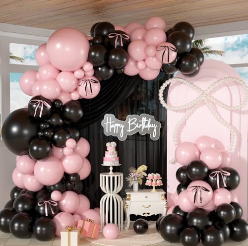 HILAVO Pink and Black Balloons Arch Kit Bow Balloon Garland Coquette Bow Balloons Ribbon Pastel Baby Light Pink Black Party Balloon for Coquette Birthday Wedding Baby Shower Bridal Shower Party Decor