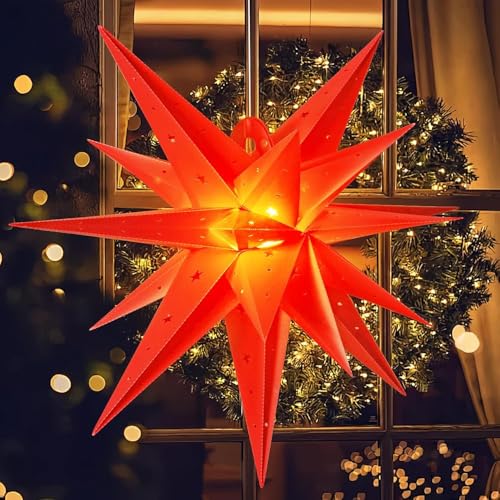 Image of EASY JOY 21'' Red Large Christmas Star LED Paper Star Lanterns with Timer Battery Hanging Christmas Decoration 3D Luminous for Christmas Winter Home Indoor and Outdoor Decorations