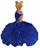MTVOPN Sparkly Rhinestone Sequin Prom Dresses Beaded Applique Hollow Mermaid Pageant Gala Evening Party Gown Royal Blue