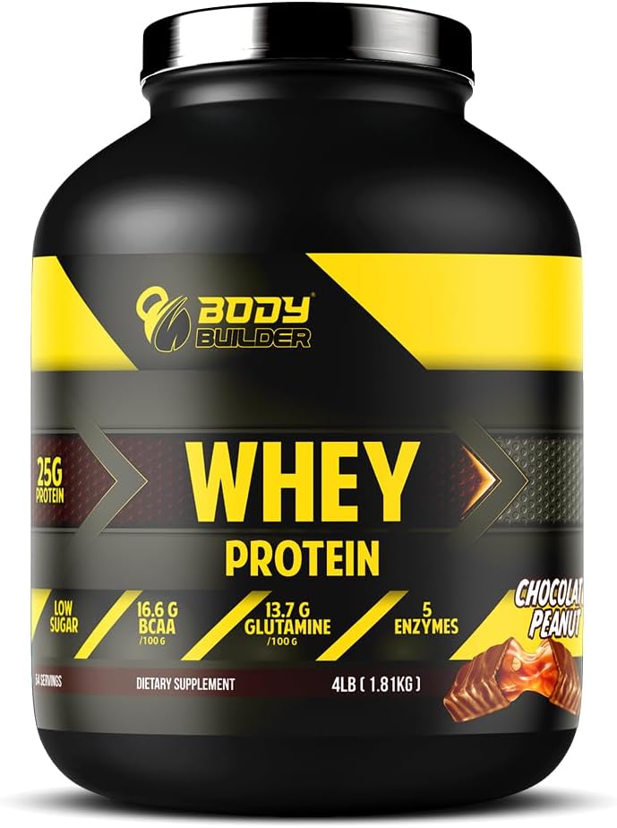 Body Builder 100% Whey Protein - 25g Protein, BCAAs, Glutamine, Digestive Enzymes for Lean Muscle Growth & Endurance, Suitable for Vegetarians & Keto Dieters (Chocolate Peanut, 4 LB)