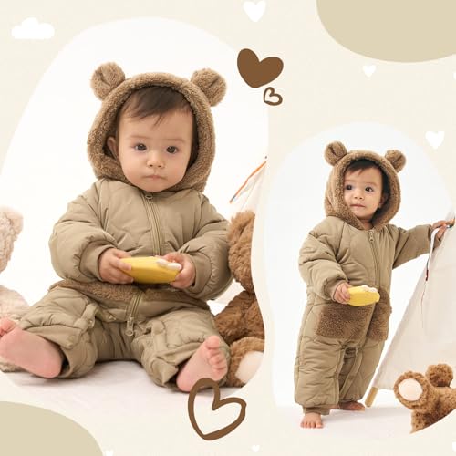 JiAmy Baby Snowsuit Winter Romper Hooded Boys Girls Jumpsuit Bear Thick Windproof Cap Infant Winter Clothes 9-12 Months Brown - image 4