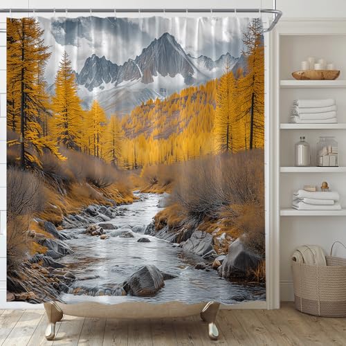 AMFD Mountain Shower Curtain Fall Forest Stream Natural Landscape Scenery Decor Home Bathroom Bathtub Curtains Set Include Hooks,(70" Wx74.8 H)