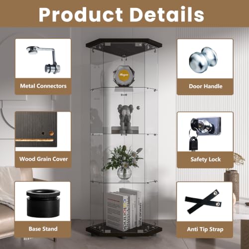 Image of LFT HUIMEI2Y 4-Tier Glass Corner Cabinet with Lock, Display Case Black