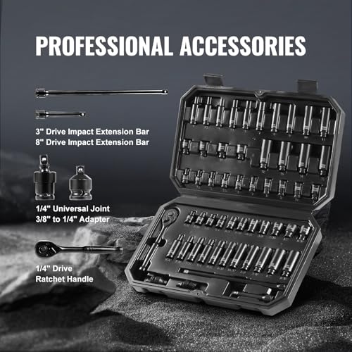Image of VEVOR Impact Socket Set 1 /4 inch Drive, 55-Piece Deep & Shallow Socket Set Standard SAE (5 /32 to 9 /16 inch) & Metric (4 to 15 mm) Size, 6 Point, CR-V, Extension Bar, Universal Joint, Reducer