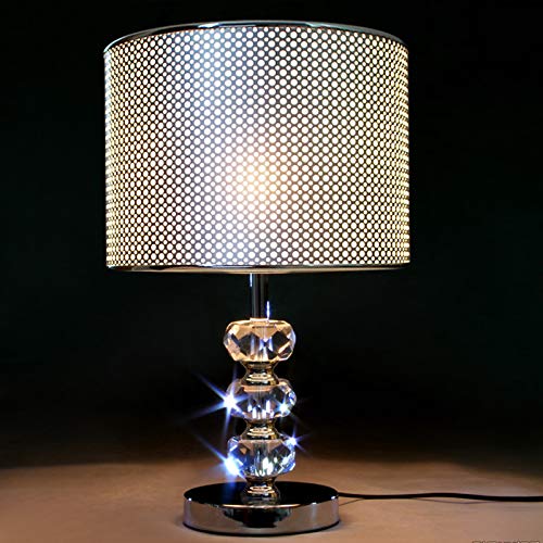 QYRL Lampe De Table, Lampe De Chevet De Chambre À Coucher Moderne, Abat-Jour en PVC Argenté, Support De Lampe en Cristal, Lampe De Bureau Décorative De Salon E27, Interrupteur À Bouton