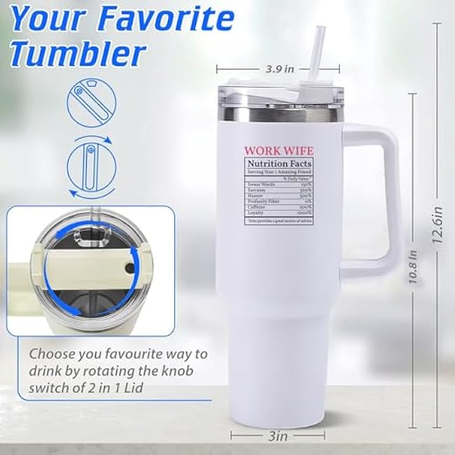 Work Wife Gifts for Women - 40 oz Insulated Tumbler with Handle & Straw - Funny Work Wife Cup for Coffee, Tea, Ice Water - Best Work Wife Gift for Birthday, Christmas, or Office Coworker Appreciation