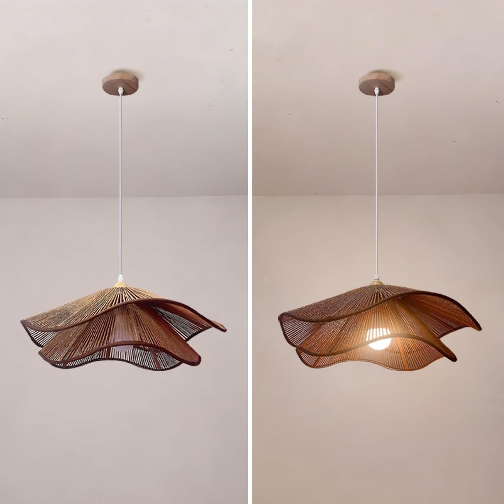 Lampadario In Vimini Con LED Lampada A Sospensione Intrecciata A Mano Lampadario In Stile Retrò A Forma Di Petalo Stile Bohemien Per Sala Da Pranzo Isola Della Cucina Soggiorno(Marrone,40CM)