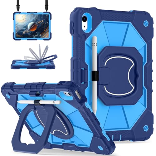 Image of Scnioy Case for iPad A16 11th /10th Generation 11 /10.9 Inch 2025 /2022, Rugged A16 iPad Case 10th Generation Cover with 360 Rotating Stand Screen Protector Pen Holder Shoulder Strap, Navy Blue