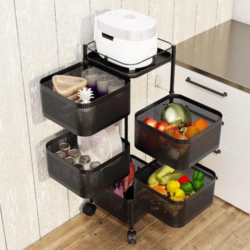 Cesta de cocina rodante de 5 niveles con ruedas de 360°, carrito de frutas de metal que ahorra espacio, para el hogar y la oficina, estante de utilidad negro, diseño de malla