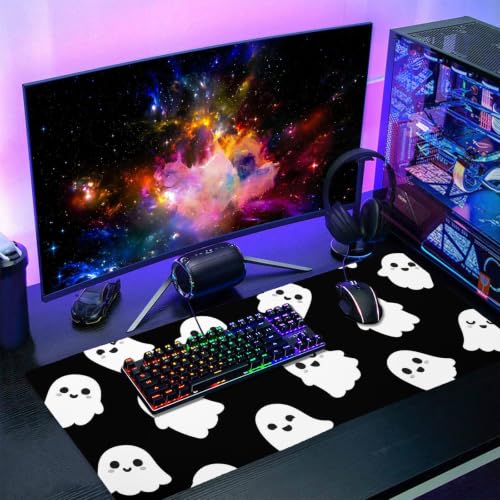 Image of Halloween Cute Ghost Mouse Pad Kawaii Cartoon Spooky Funny Spirit Extended Desk Mat Non-Slip Rubber Base Stitched Edge Large XXL Black White Mousepad for Gaming Laptop Computer Desktop 35.4x15.7 in
