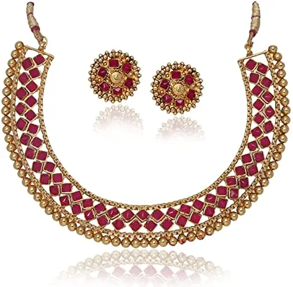 NIKU Traditional Handcrafted Jewellery Necklace/Jwelery/jwellery/jualry Gold Plated Copper Metal Golden Design Necklace Set With Classic Earings For Women And Girls