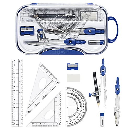 math geometry kit sets 10 piece student supplies with shatterproof storage boxincludes rulersprotractorcompasseraserpencil sharpenerlead refillspencilfor drafting and drawingsnavy blue