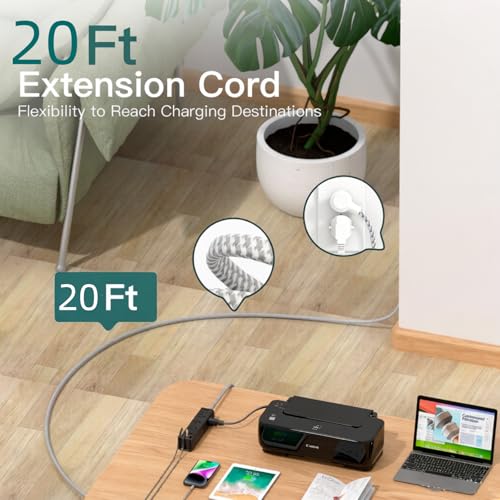 Image of Addtam 20FT Long Black Power Strip Surge Protector, 12 Wide Spaced Outlets 4 USB, Flat Plug Extension Cord, Wall Mount Outlet Extender, 1050J Protection for Garage Workshop Office Gaming, ETL Listed
