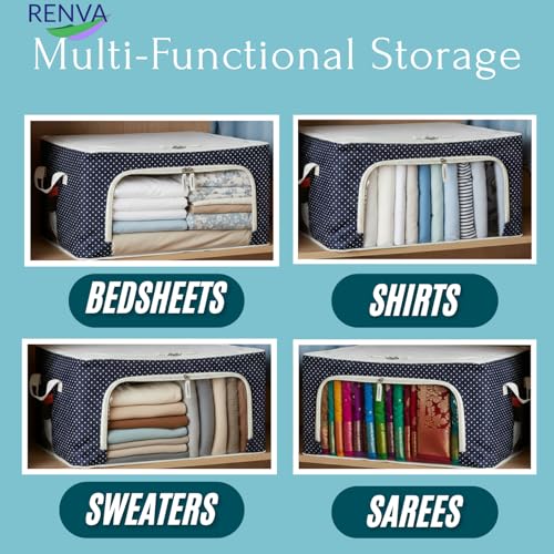 Image of RENVA 2 PCS polycotton Clothes Storage Organizer Bins, Foldable Storage Bins-Cloth Steel Frame Storage Box with Foldable Clear Window & Reinforced Handles (Blue, 66L-2)