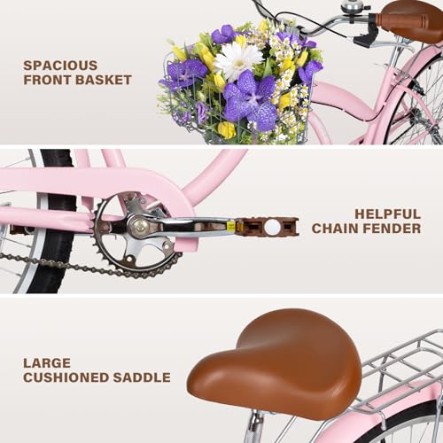 Image of WEIZE Beach Cruiser Bike, 24 26 inch Commuter Bicycle for Adult Men and Women, Front & Rear Fenders, Comfortable City Bikes with Rear Rack&Basket, Ergonomic Upright Design