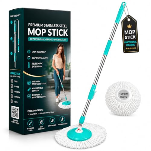 Image of Ultra Premium 360 Spin Mop Stick Rod with Stainless Steel Handle | Adjustable & Extendable Heavy Duty Mop Handle | Floor Cleaning Refill Rod Compatible with Spin Mop (Aqua Green) (1 Refill)