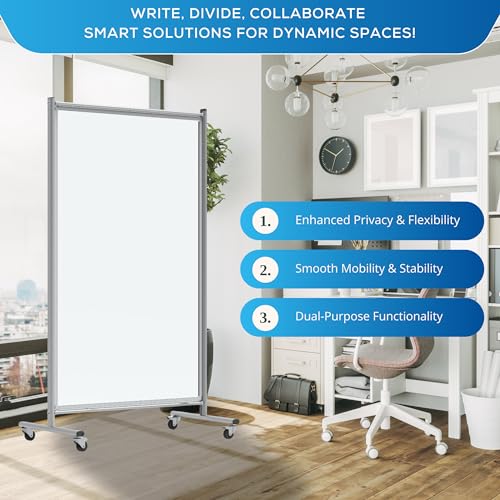 Image of FSE 373-MD4072W Mobile Magnetic Whiteboard Room Divider, 75 inch Tall Double-Sided Board, Sound Proof Partition Wall Divider with Locking Casters, Steel Frame, Ghost-Resistant Surface, White /Silver