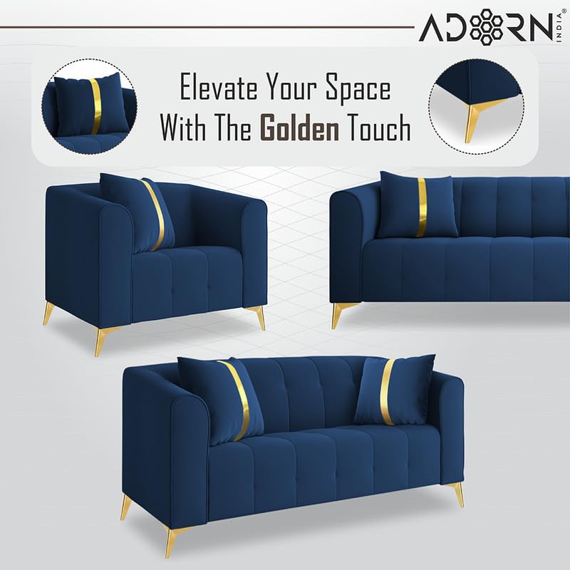 Image of Adorn India Premium Mystic - 3 Years Warranty - 3+2+1 Sofa Set Velvet Suede Fabric - Blue
