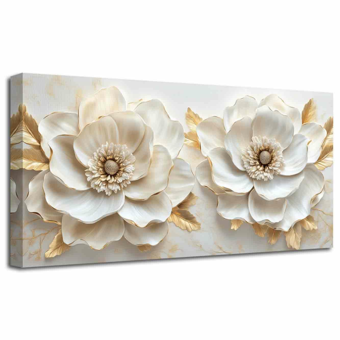 LZIMU Large White Gold Flower Wall Art Abstract Floral Picture Elegant Peony Blooming Canvas Print Modern Luxury Leaves Painting Living Room Bedroom Office Decor (Beige, (50L x 100W cm))