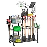 Felnuhee Garden Tool Organizer for Garage, 3 Tier Utility Yard Tool Organizer and Storage Holder with Wheels, Large Garden Tool Rack with Extra Storage Basket for Shed/Garage/Yard/Basement/Lawn