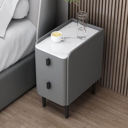 Moderna mesita de noche LED inteligente con estación de carga y audio Bluetooth, 2 cajones, diseño multifuncional y elegante, 30 cm de ancho, muebles de dormitorio gris claro