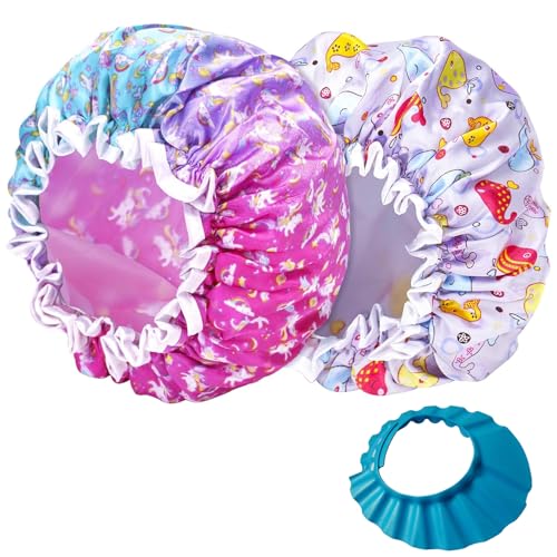AYNKH 2PCS Gorros de Ducha para Niños,Gorro de Baño Elástico Unicornio Delfín para Niños,Gorro de Ducha Reutilizable de Doble Capa Impermeable para Niñas/Niños