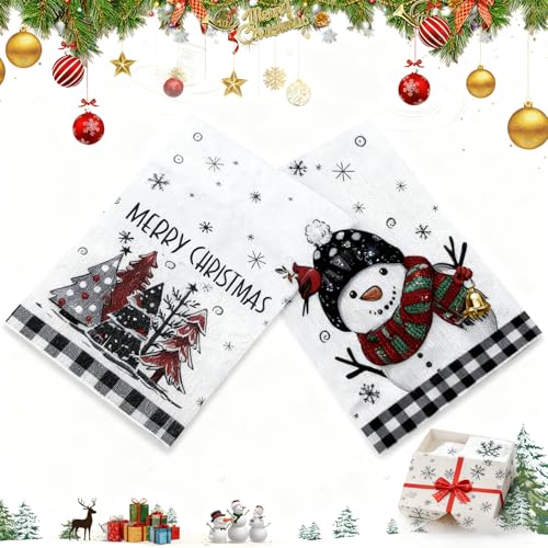 Allony Lavette Cuisine, Lavette Microfibre, Decoration Noel, Torchons de Noël, Bonhomme de Neige, Arbres, 2 Torchons de Cuisine, Micro Fibre, Doux Absorbants, Torchon Multi-usages, Deco Noel, 45x66cm