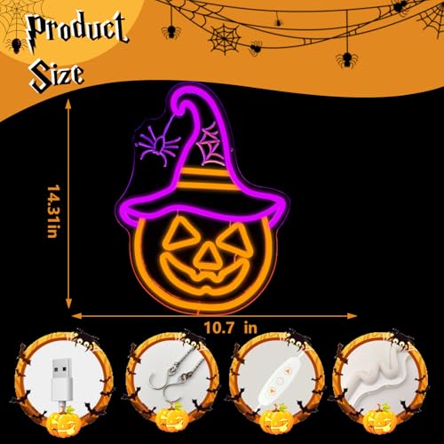 Image of Halloween Neon Sign Pumpkin Neon Sign for Wall Decor Witch Hat Halloween Pumpkin Neon Light Halloween Decorations Spider Led Neon Light Up Sign for Halloween Party Window Porch