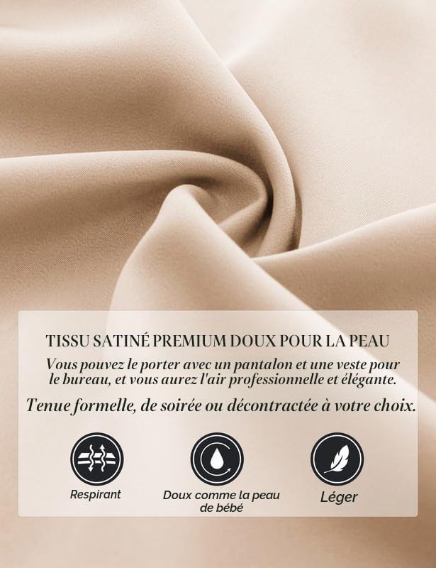 JASAMBAC Chemisier en satin pour femme - Haut à manches longues - Avec chaîne décorative - Chemisier festif élégant en satin - Chemise de fête - Chemise de travail en soie - Tenue d'affaires
