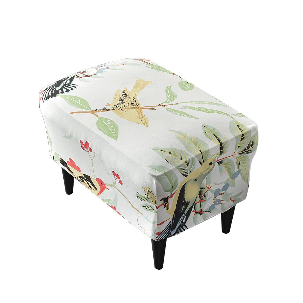 Highdi Flowers And Birds Ottoman Cover Rectangle Polyester Spandex, Stretch Footstool Slipcover, Stool Protector Cover With Elastic Bottom, Dustproof Removable Washable Footrest Pouffe Covers