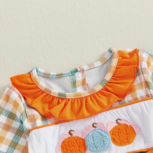 Newborn Infant Baby Girl Halloween Outfits Embroidered Pumpkin Onesie Long Sleeve Smocked Bubble Romper3